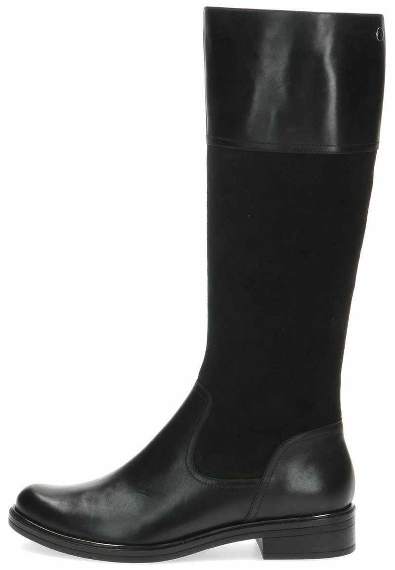Black knee-high boot featuring a smooth leather toe and block heel, with a soft suede upper and a wrapped cuff detail.