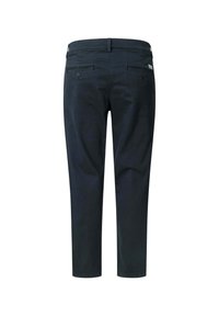 Dark navy cropped pants with a smooth texture, featuring two back pockets and a straight cut design. Secure waistband and subtle stitching details.