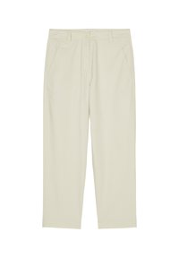 Beige raka byxor gjorda av en bomullsblandning, med sidofickor och knäppning fram. Slät textur utan synliga mönster.