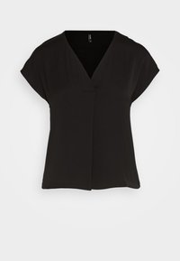 Top nero a maniche corte con scollo a V, caratterizzato da un fit rilassato e un design leggermente drappeggiato. Tessuto leggero con una texture morbida.