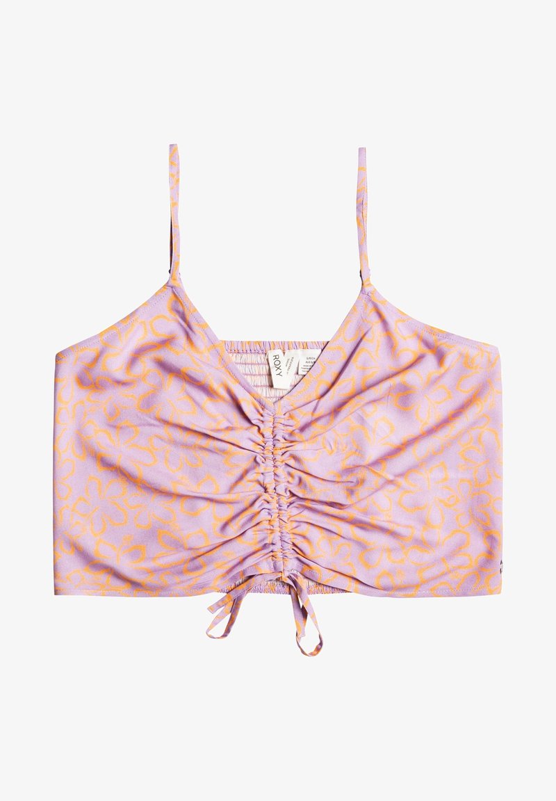 Top corto morado con un patrón floral en naranja. Presenta tirantes finos ajustables y un frente fruncido con un lazo en el borde.