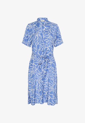 Short-sleeve button-down dress in light blue with white abstract pattern, featuring a tie waist and a flowy hemline. Smooth, lightweight fabric.