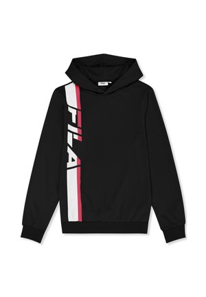 Sudadera negra con capucha y mangas largas, con una franja vertical blanca y roja y un logotipo destacado "FILA" en el lado izquierdo delantero.