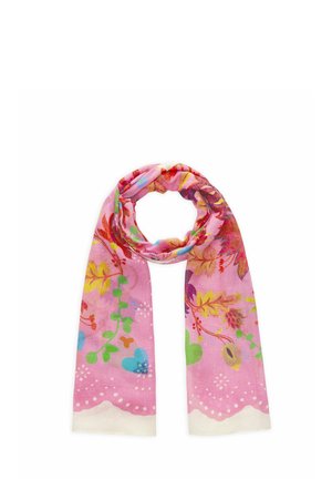 Roze sjaal met kleurrijke bloem- en bladmotieven, met groene, blauwe, gele en rode accenten op een lichte stofachtergrond.