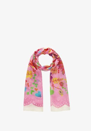 Roze sjaal met kleurrijke bloem- en bladmotieven, met groene, blauwe, gele en rode accenten op een lichte stofachtergrond.