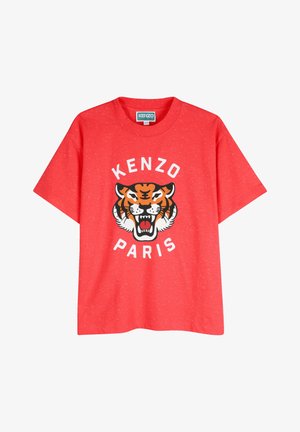 Rood T-shirt met korte mouwen van katoen, voorzien van een zwart, oranje en wit tijgerdesign met eronder de tekst "KENZO PARIS".