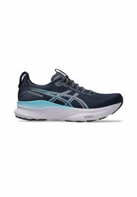 Une chaussure de course avec une tige en maille bleu marine, des accents bleu clair, une semelle intermédiaire blanche rembourrée, et une semelle extérieure en caoutchouc noir.