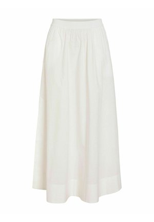 Biała spódnica do kostek z elastycznym pasem i subtelnymi plisami, wykonana z lekkiego materiału.