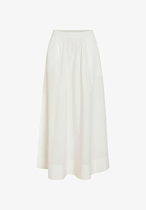 Fustă albă până la gleznă, cu talie elastică și pliseuri subtile, realizată dintr-un material ușor.