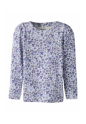 Langærmet skjorte med lavendel- og lilla blomsterprint, med rynkede skuldre og rund halsudskæring.