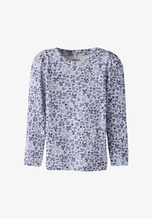 Chemise à manches longues avec motifs floraux lavande et violet, épaules froncées et encolure ronde.