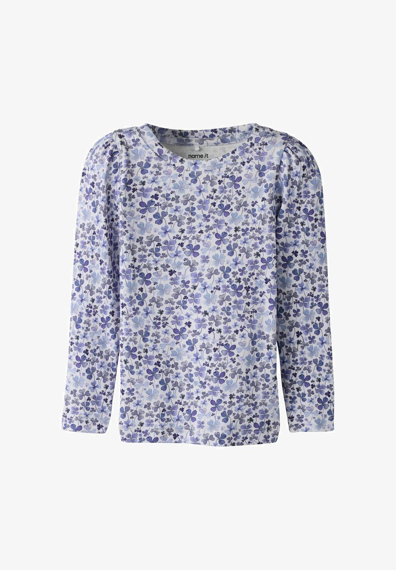 Koszula z długim rękawem w lawendowo-fioletowy wzór kwiatowy, z marszczonymi ramionami i okrągłym dekoltem.