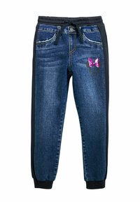 Denim trenerke s crnim bočnim pločama, podesivim strukom, prednjim džepovima i detaljem od jakih ružičastih šljokica u obliku mašne na lijevom bedru.