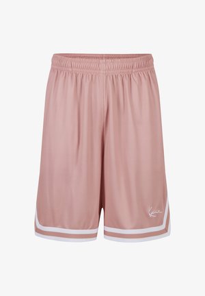 Rózsaszín sport rövidnadrág elasztikus derékpánttal, fehér dupla csíkkal a szegély közelében és kis fehér jellegzetes logóval a bal lábon.