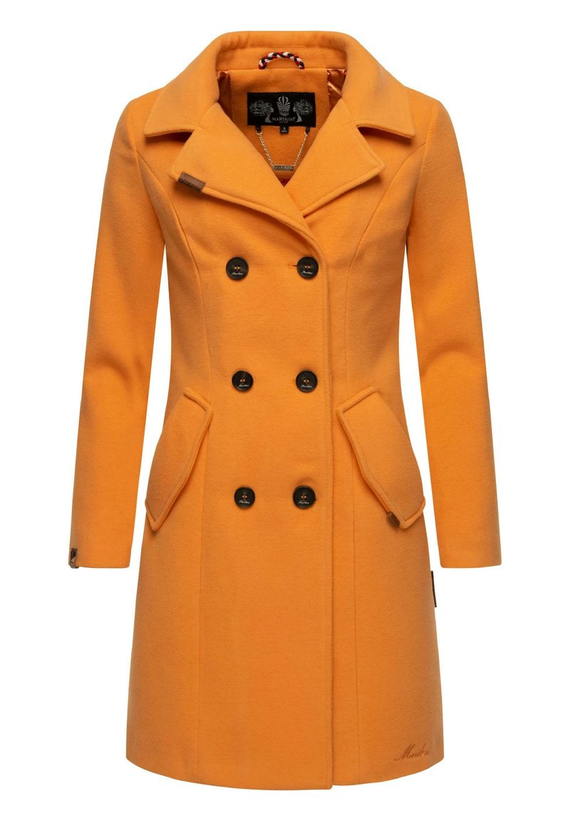 Oranje wollen jas met een dubbelzijdige voorkant, grote zwarte knopen, een notch-kraag en zijzakken, met een gladde textuur.