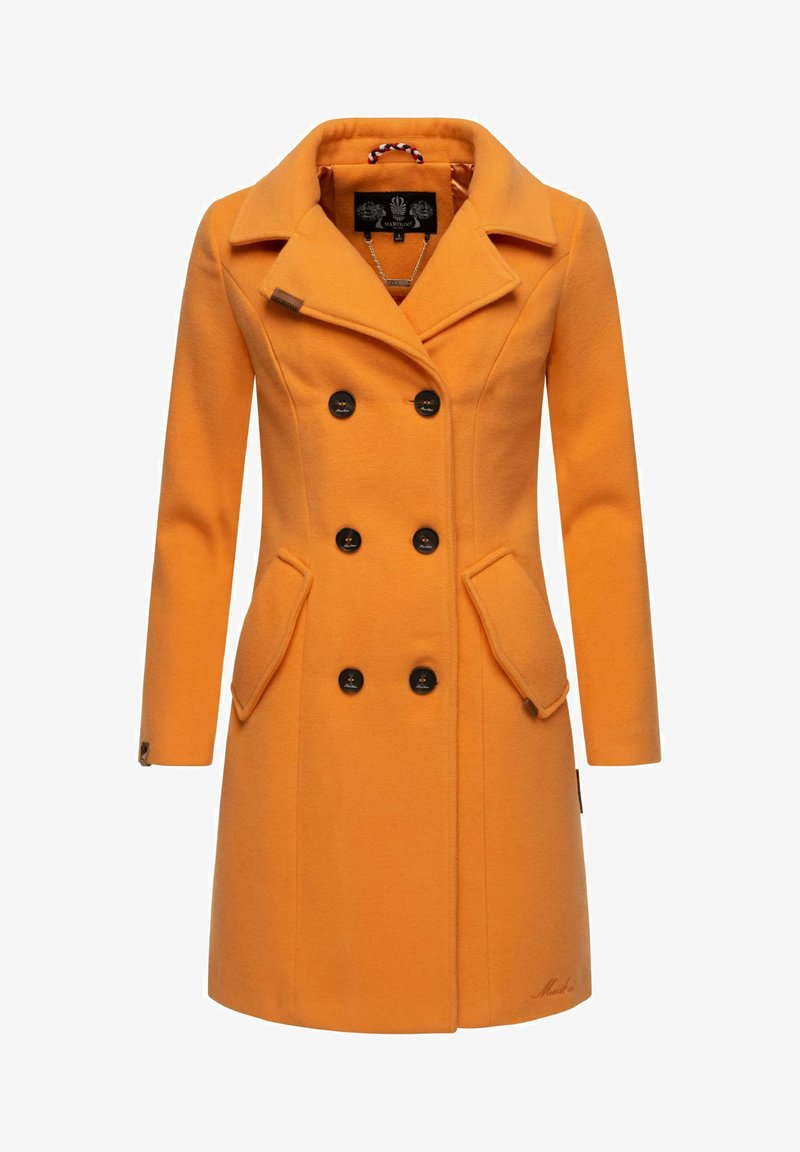 Cappotto di lana arancione con chiusura doppiopetto, grandi bottoni neri, colletto a risvolto e tasche laterali, caratterizzato da una texture liscia.