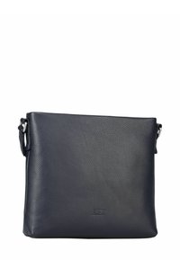 Sac à bandoulière en cuir marine avec une finition texturée, de forme carrée, avec une bandoulière ajustable et un logo en relief à l'avant. Design minimaliste.
