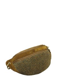 Sac à motif léopard marron et vert en matériau suédé, de forme arrondie, avec deux compartiments zippés et un accent en matériel doré.