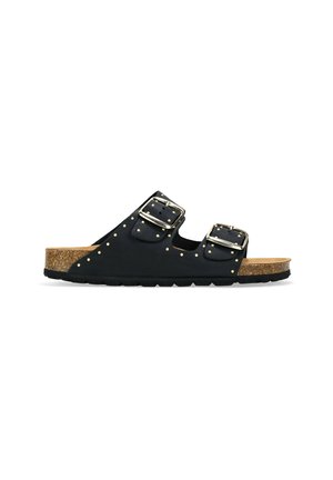 Sandalia deslizante negra de dos hebillas con tachuelas doradas, plantilla de corcho y suela de goma negra texturizada. Diseño abierto para ventilación y comodidad.