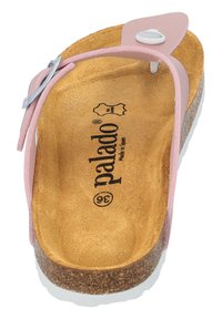 Rosa flip-flop sandal med korkfot sula, strukturerade bruna innersulor och en silverdetalj på remmen. Lappen läser "palado" och storlek 36.