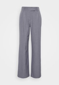 Grijze wijde broek van textuurstof. Voorzien van een platte tailleband met ceintuurhaken en voorplooien voor extra detail.