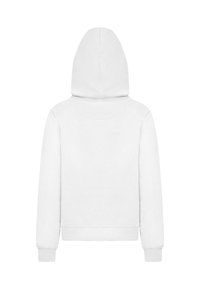 Weiße Kapuzenjacke aus weichem Stoff, mit Zugkordel-Kapuze, gerippten Bündchen und einem schlanken Design ohne sichtbare Logos oder Akzente.