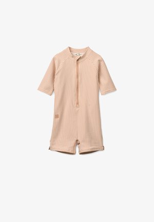 Csíkos rövid ujjú egyrészes ruha világos narancssárga és bézs színekben. Elöl cipzárral és oldalt egy kis logócímkével rendelkezik. Puha, rugalmas anyagból készült.