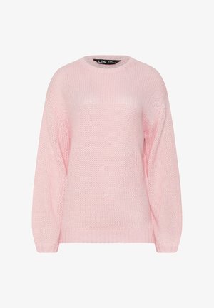 Jasnoróżowy dziany sweter z długim rękawem, z okrągłym dekoltem i ściągaczami na rękawach oraz u dołu, z metką rozmiaru wszytą wewnątrz kołnierza.