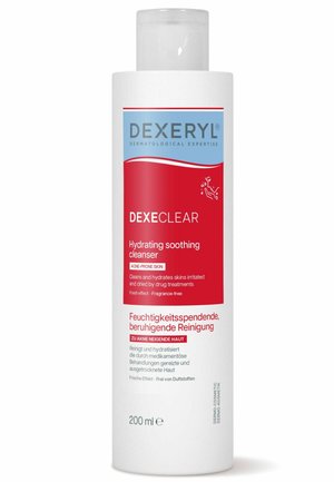 White bottle of Dexeryl Dexeclear hydrating soothing cleanser for acne-prone skin, 200 ml, with English and German text.