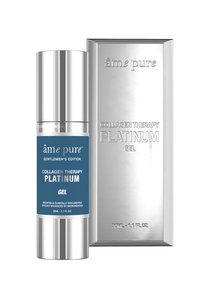 Platinum-gel til kollagenterapi i en blå cylindrisk beholder med en sølvfarvet låg, ved siden af en sølvfarvet rektangulær æske med præget tekst.