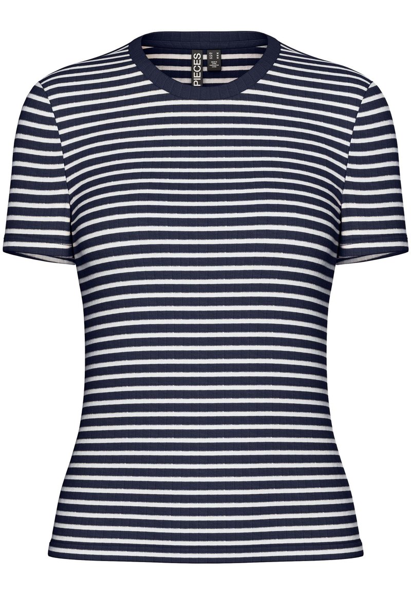 Gestreiftes, navyblaues und weißes Rippen-T-Shirt mit rundem Ausschnitt und kurzen Ärmeln, taillierte Passform, Stoffstruktur in den Streifen sichtbar.