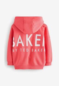 Felpa con cappuccio color corallo realizzata in morbido materiale, caratterizzata da una grande scritta bianca "BAKER" e da una scritta più piccola "by TED BAKER" sul retro.