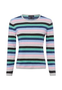 Trui met lange mouwen en ronde hals, met horizontale strepen in grijs, roze, zwart, blauw en groen, gemaakt van biologisch katoen en cashmere.
