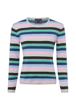 Trui met lange mouwen en ronde hals, met horizontale strepen in grijs, roze, zwart, blauw en groen, gemaakt van biologisch katoen en cashmere.