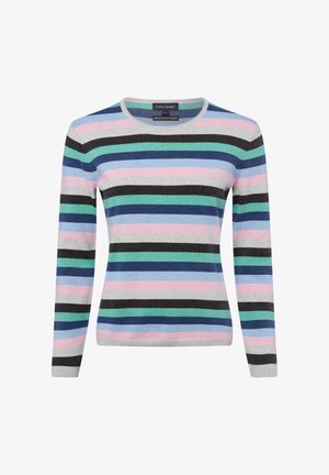 Trui met lange mouwen en ronde hals, met horizontale strepen in grijs, roze, zwart, blauw en groen, gemaakt van biologisch katoen en cashmere.