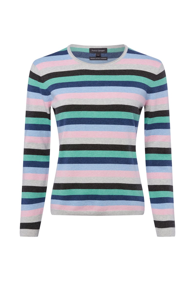 Trui met lange mouwen en ronde hals, met horizontale strepen in grijs, roze, zwart, blauw en groen, gemaakt van biologisch katoen en cashmere.