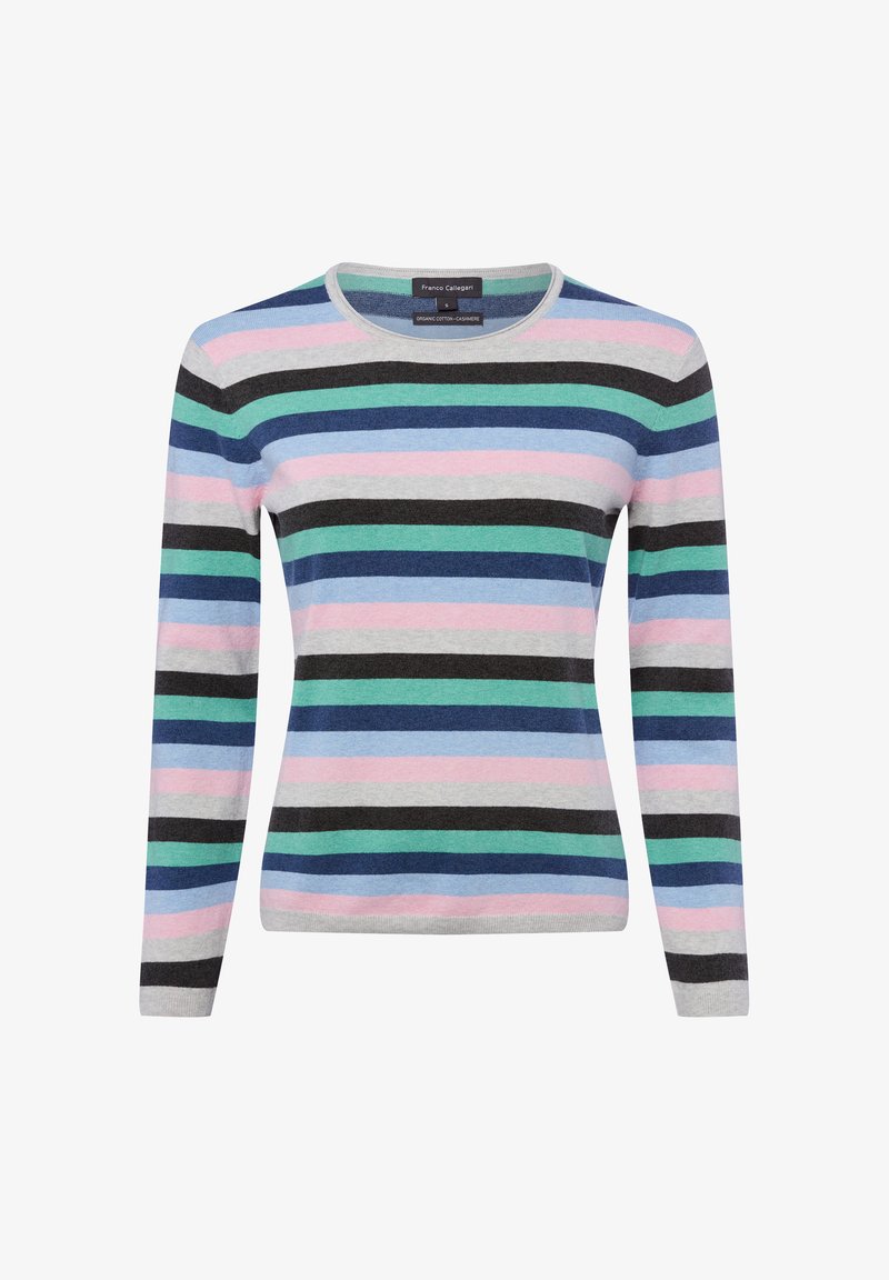 Trui met lange mouwen en ronde hals, met horizontale strepen in grijs, roze, zwart, blauw en groen, gemaakt van biologisch katoen en cashmere.