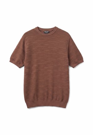 Maglione marrone a maniche corte in maglia strutturata con polsini, colletto e orlo a coste, posato disteso su uno sfondo bianco.
