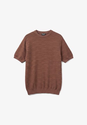 Maglione marrone a maniche corte in maglia strutturata con polsini, colletto e orlo a coste, posato disteso su uno sfondo bianco.