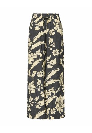 Pantalon large noir à jambe large avec imprimé floral large beige clair et taille à cordon.