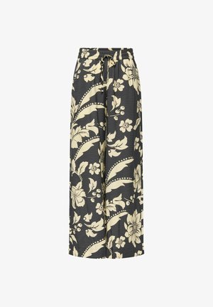 Pantalon large noir à jambe large avec imprimé floral large beige clair et taille à cordon.