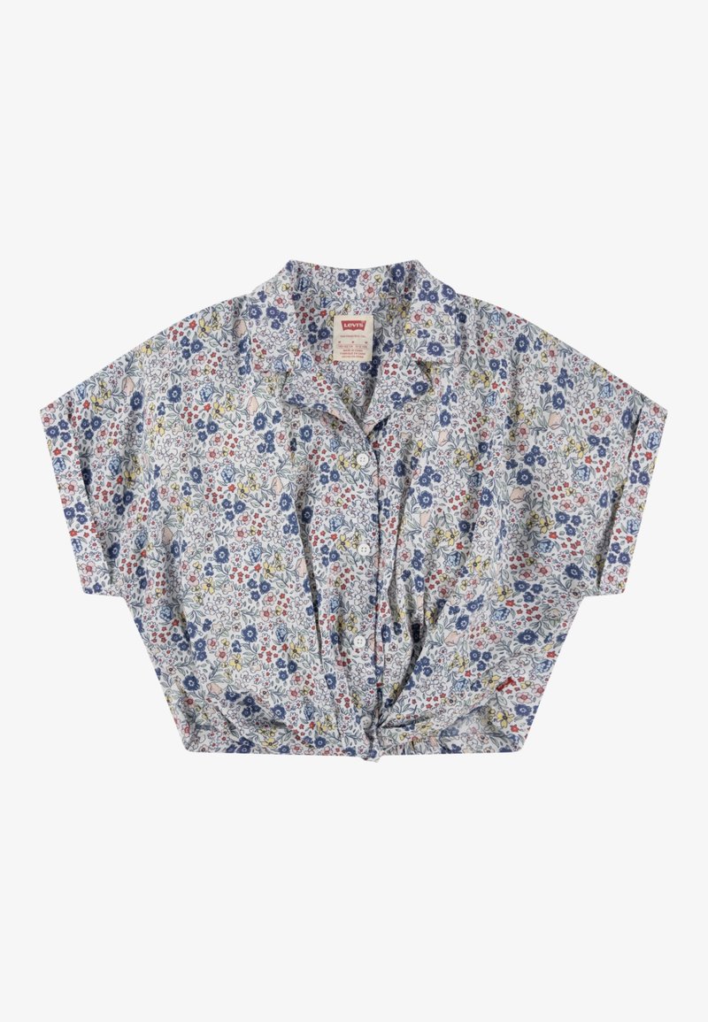 Chemise à manches courtes avec boutons, motif floral bleu, rouge et jaune, nœud torsadé à la taille et col.