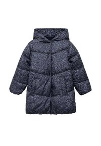 Piumino blu navy con motivo floreale, design con cappuccio e texture trapuntata. Presenta due tasche laterali e una chiusura frontale con zip.