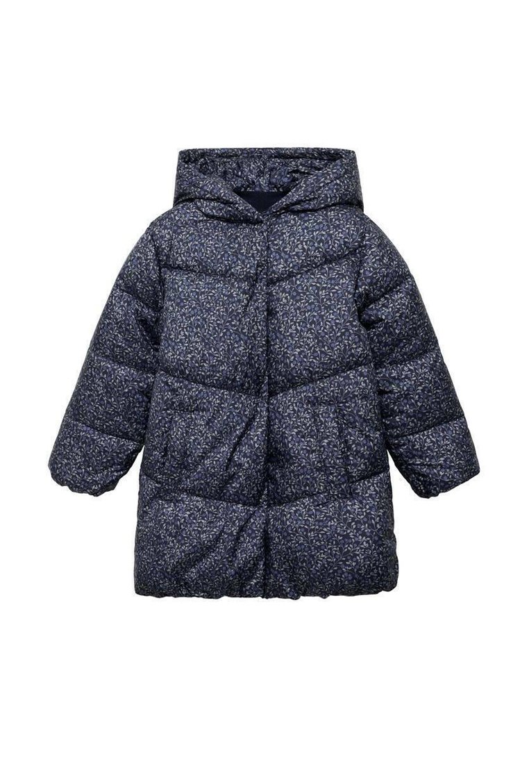 Piumino blu navy con motivo floreale, design con cappuccio e texture trapuntata. Presenta due tasche laterali e una chiusura frontale con zip.
