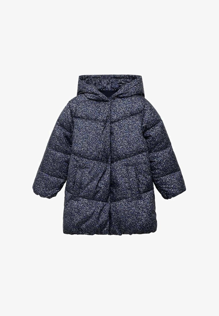Námornická péřová bunda s květinovým vzorem, designem s kapucí a prošívanou texturou. Obsahuje dvě boční kapsy a přední zipové zapínání.
