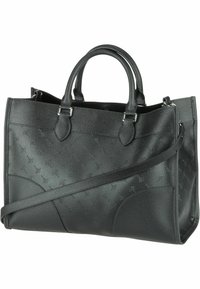 Czarna skórzana torebka z dwoma uchwytami u góry, regulowanym paskiem na ramię oraz wytłaczanym wzorem kwiatowym. Strukturalny design z płaskim dnem.