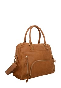 Sac à main en cuir marron avec doubles poignées supérieures, quincaillerie dorée, plusieurs poches zippées et une finition texturée. Comprend une bandoulière détachable.