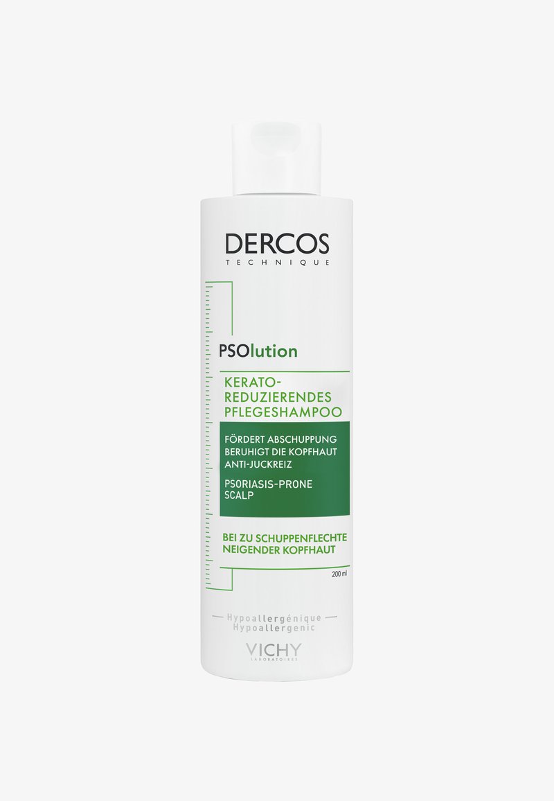 White bottle with a green accent. Contains 200ml kerato-reducing shampoo for psoriasis-prone scalp. Features clear text labels in multiple languages.
