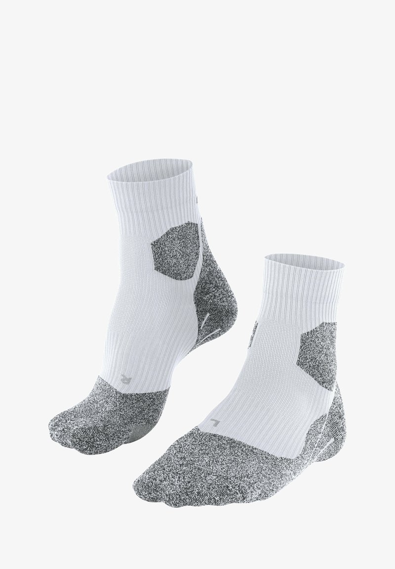Compression socks featuring a white ribbed design with grey textured accents. Hexagonal patterns on the sides and reinforced toe areas.