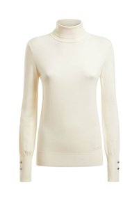 Maglione bianco a collo alto, tessuto a coste, maniche lunghe, con bottoni decorativi sui polsini, tessuto morbido. Logo visibile in basso.